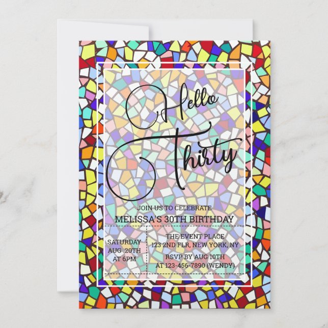 Mosaic Colorful & Fun Hello Thirty 30th Birthday Invitation (Front)
