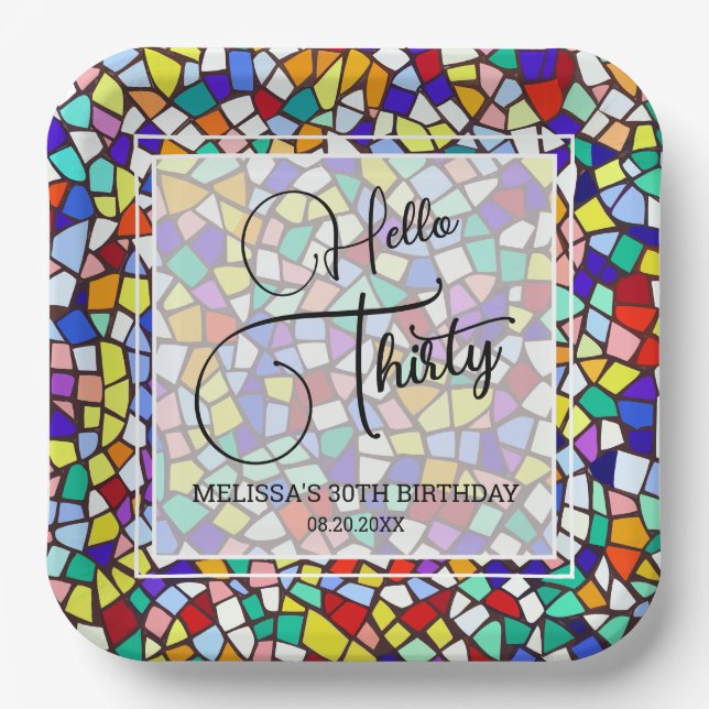 Mosaic Colorful & Fun Hello Thirty 30th Birthday Paper Plates (Front)