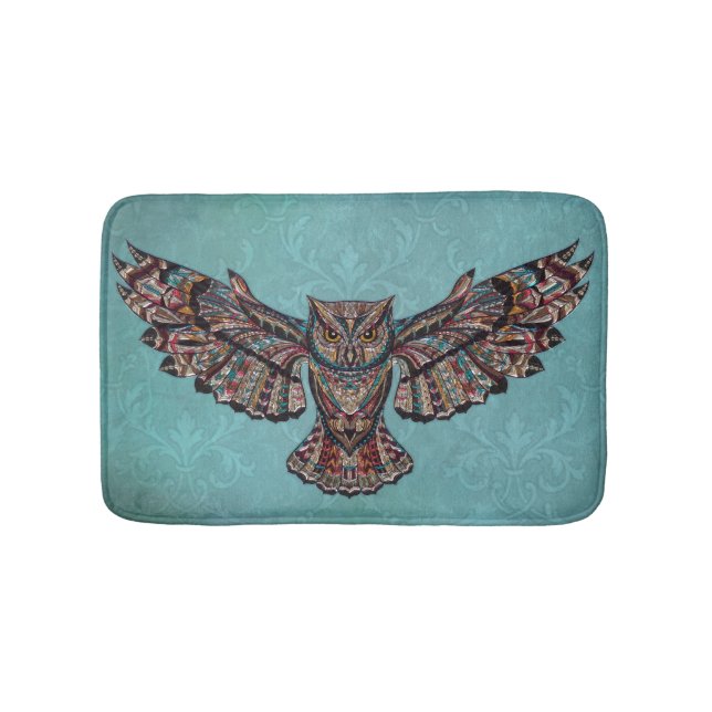 Mosaic colorful Owl with turquoise background Bath Mat (Front)