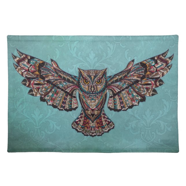 Mosaic colorful Owl with turquoise background Cloth Placemat (Front)