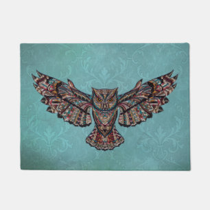 Mosaic colorful Owl with turquoise background Doormat