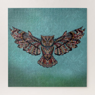 Mosaic colorful Owl with turquoise background Jigsaw Puzzle