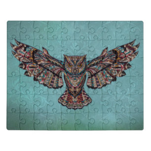Mosaic colorful Owl with turquoise background Jigsaw Puzzle