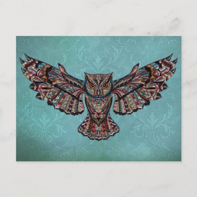 Mosaic colorful Owl with turquoise background Postcard (Front)