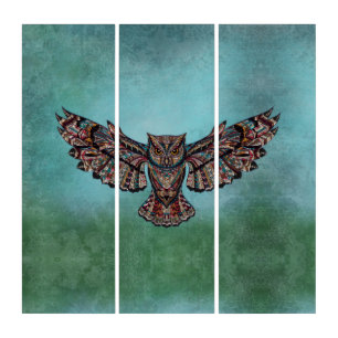 Mosaic colorful Owl with turquoise background Triptych