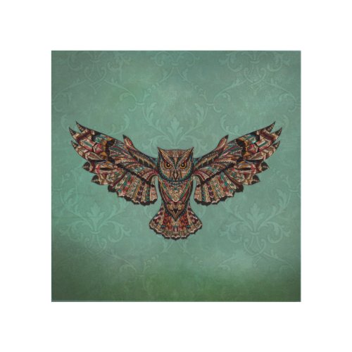 Mosaic colorful Owl with turquoise background Wood Wall Art