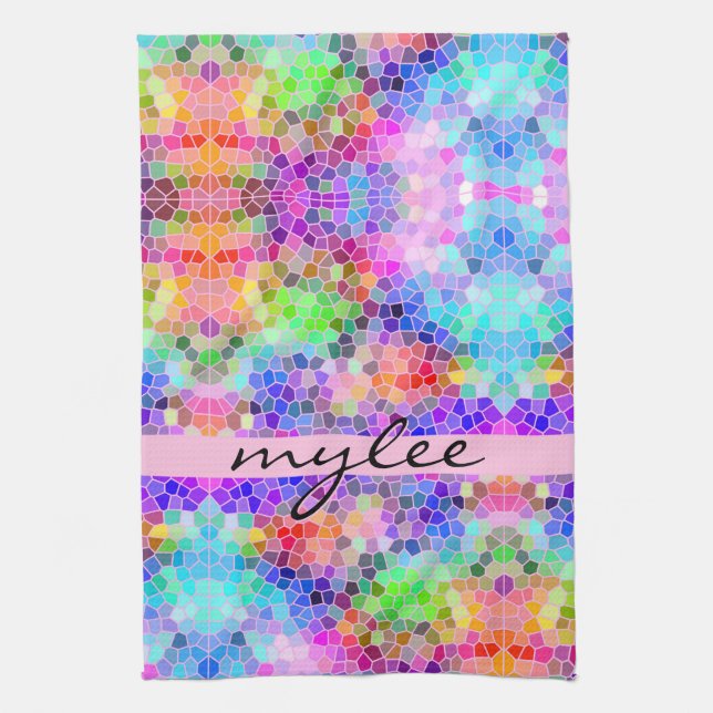 Mosaic Colorful Rainbow Pink Blue Abstract Funky Kitchen Towel (Vertical)
