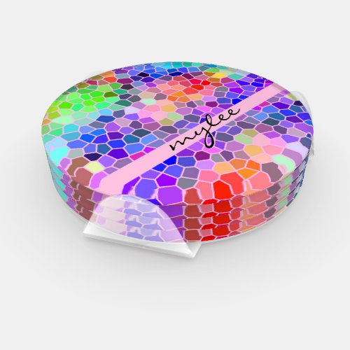 Mosaic Colorful Rainbow Pink Monogram Abstract Coaster Set