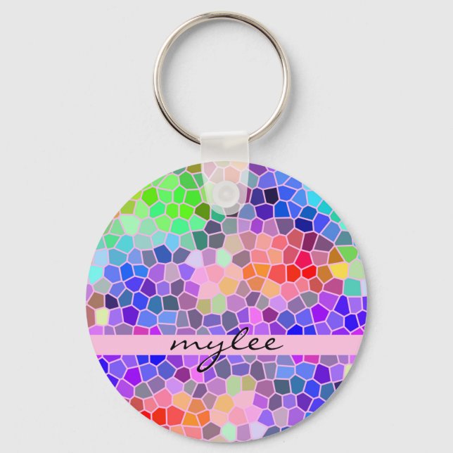 Mosaic Colorful Rainbow Pink Monogram Abstract Keychain (Front)