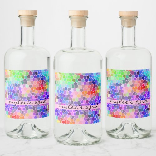 Mosaic Colorful Rainbow Pink Monogram Abstract Liquor Bottle Label