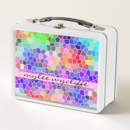 Mosaic Colorful Rainbow Pink Monogram Abstract Metal Lunch Box