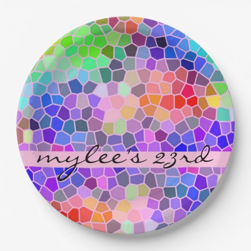 Mosaic Colorful Rainbow Pink Monogram Abstract Paper Plates