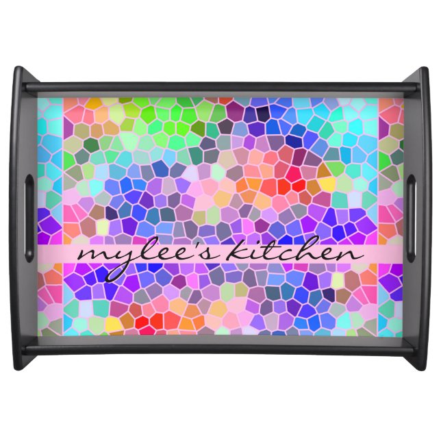 Mosaic Colorful Rainbow Pink Monogram Abstract Serving Tray (Front)