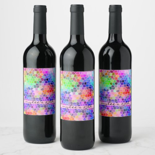 Mosaic Colorful Rainbow Pink Monogram Abstract Wine Label