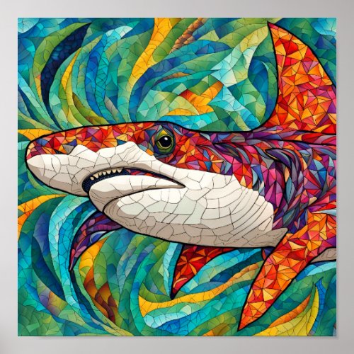 Mosaic Colorful Shark in Coral Reef Illustration Poster