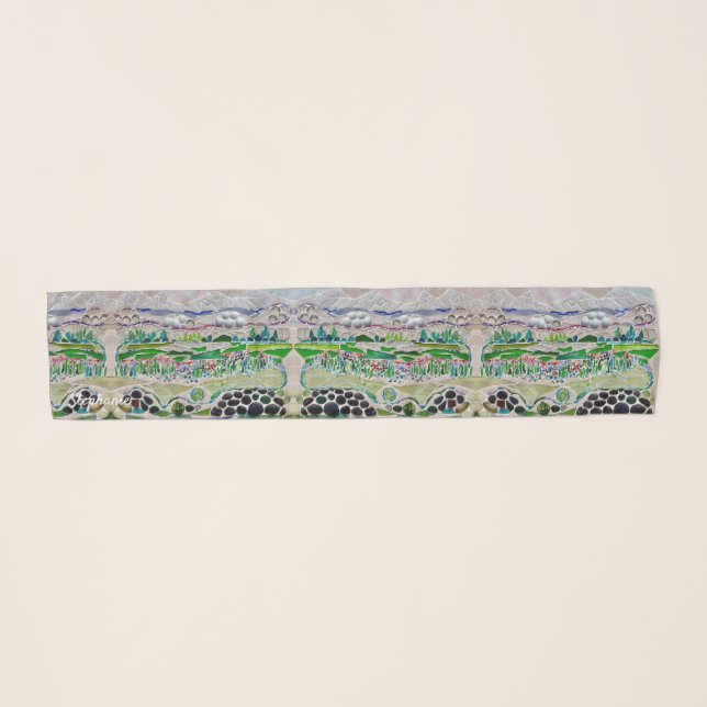 Mosaic Countryside Green Grey Scarf (Front (Horizontal))