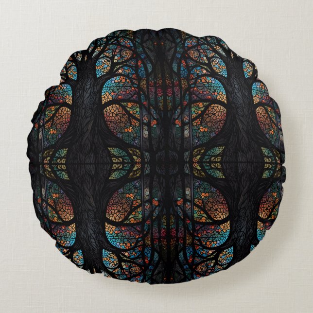 Mosaic Dark Forest Abstract Trees  Round Pillow (Front)