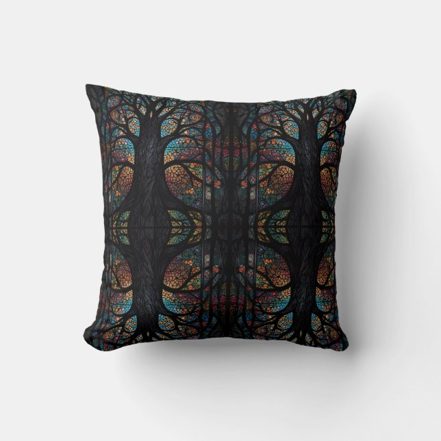 Mosaic Dark Forest Abstract Trees  Throw Pillow (Front)
