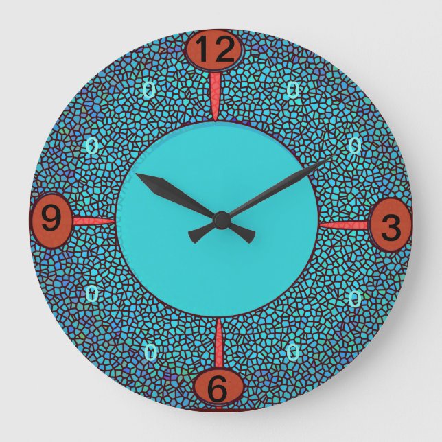 Mosaic Design Green Aqua Red/Brown Kitchen Clock (Front)