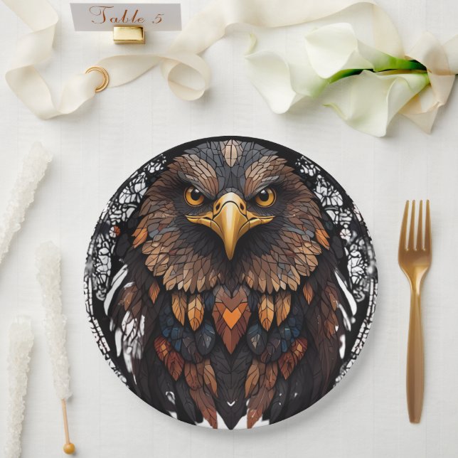 Mosaic Eagle Portrait Round Pillow Paper Plates (Wedding)