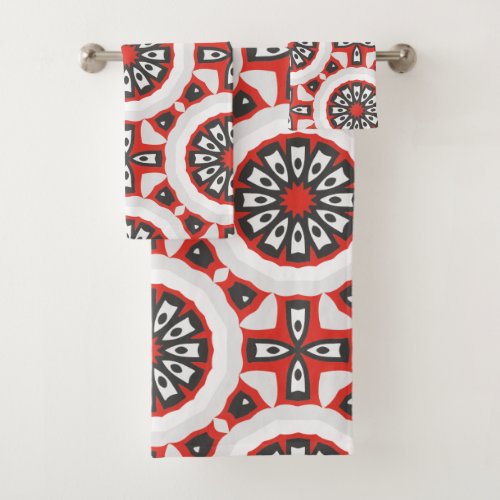 Mosaic Ethnic Geometric Red Grey Black  White Bath Towel Set