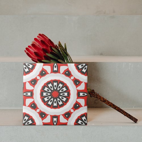 Mosaic Ethnic Geometric Red Grey Black  White Ceramic Tile