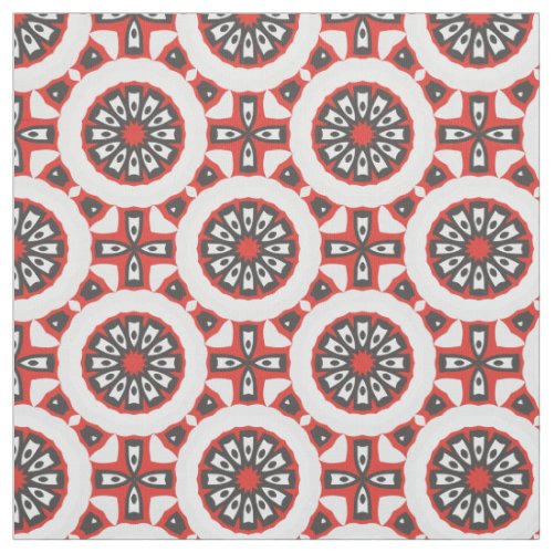 Mosaic Ethnic Geometric Red Grey Black  White Fabric
