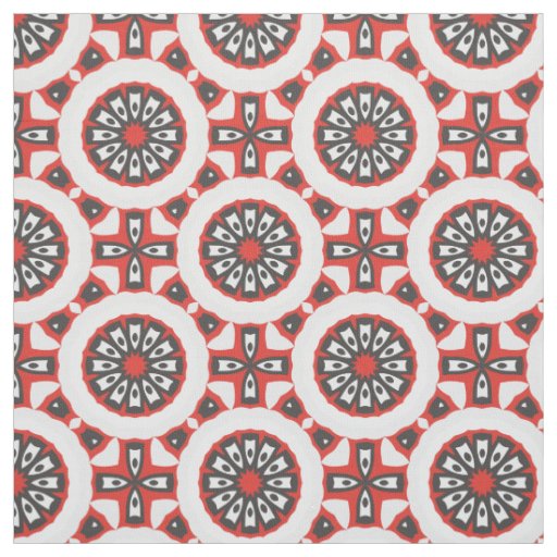 Mosaic Ethnic Geometric Red Grey Black & White Fabric