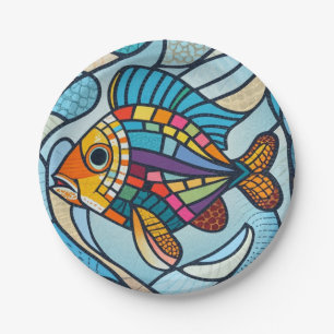 mosaic fish, Bright colors, aquarium Paper Plates