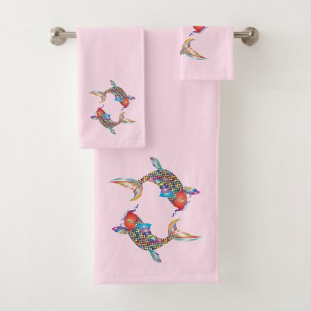 Mosaic Fish on Pink Bath Towel Set