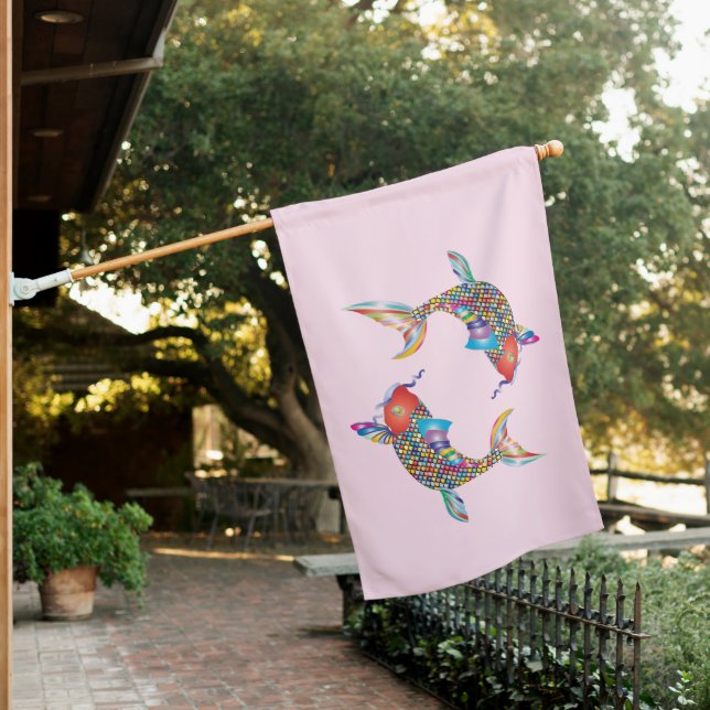 Mosaic Fish on Pink House Flag (In SItu)