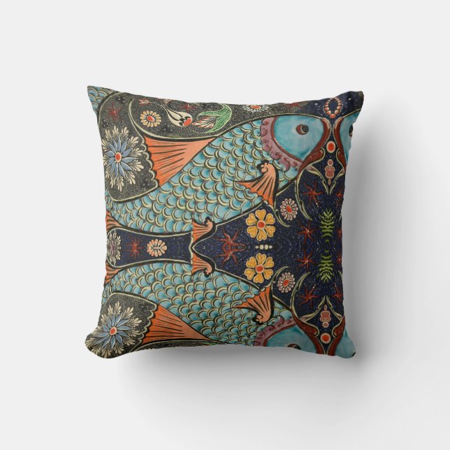 Mosaic Fish Teal / Turquoise Modern Pattern Unique Throw Pillow (Front)