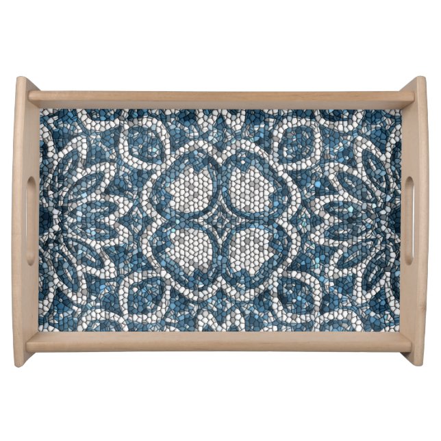 Mosaic Floral Blue and White Serving Tray (Front)