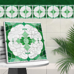 Mosaic Flourish Marble Ornament Green and White Ceramic Tile