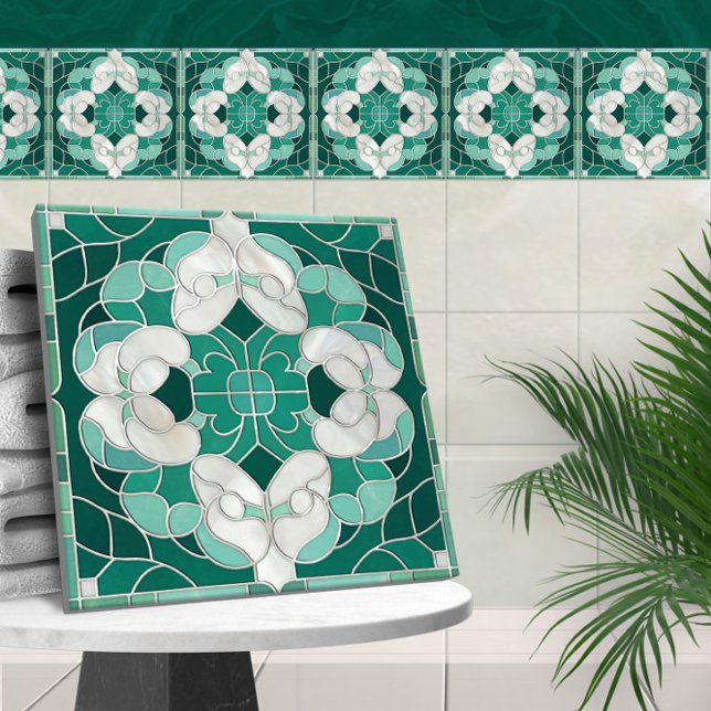 Mosaic Flourish Marble Ornament Green and White Ceramic Tile (Creator Uploaded)