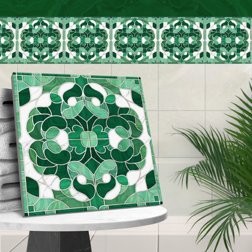 Mosaic Flourish Marble Ornament Green and White Ceramic Tile