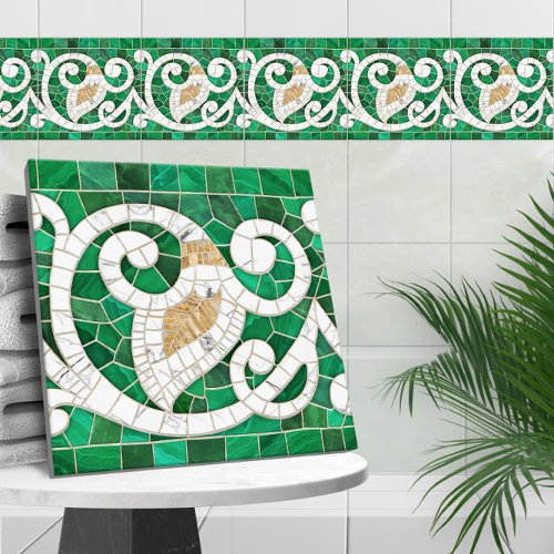 Mosaic Flourish Marble Ornament Green and White Ceramic Tile