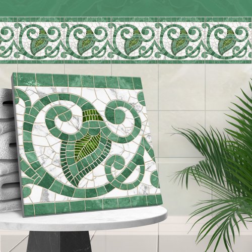Mosaic Flourish Marble Ornament Green and White Ceramic Tile