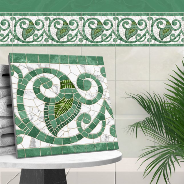 Mosaic Flourish Marble Ornament Green and White Ceramic Tile (Creator Uploaded)