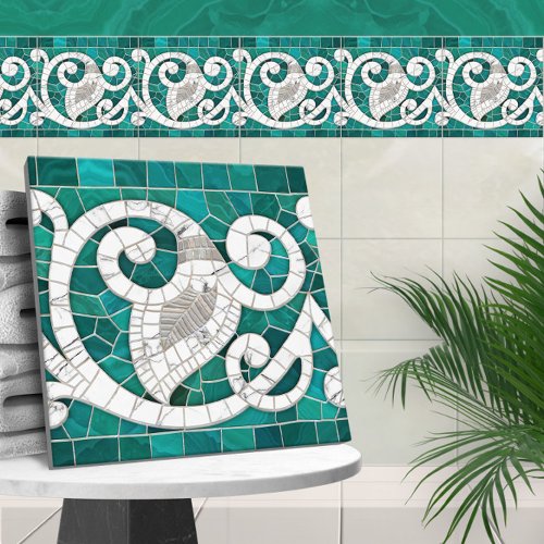 Mosaic Flourish Marble Ornament Green and White Ceramic Tile