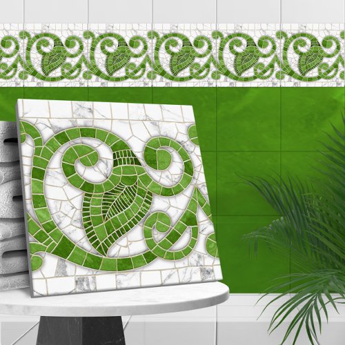 Mosaic Flourish Marble Ornament Green and White Ceramic Tile