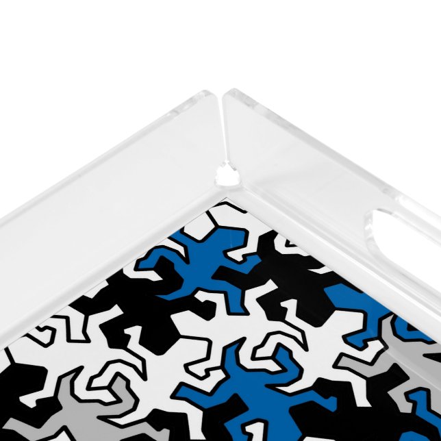 Mosaic Geckos Pattern - blue black white grey Acrylic Tray (Corner)
