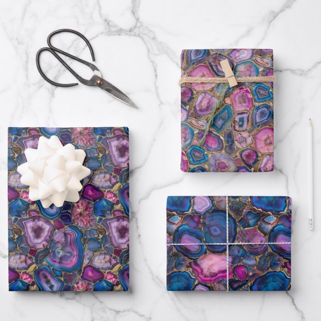 Mosaic Gemstone Pattern with Pink, Purple, Blue Wrapping Paper Sheets (Front)