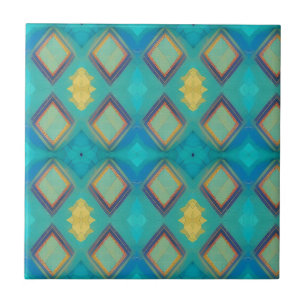 Mosaic geometric decor turquoise blue gold kitty  ceramic tile