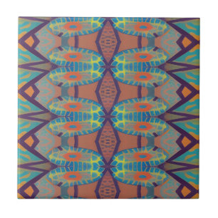 Mosaic geometric design green orange mauve lines ceramic tile