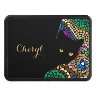 Mosaic Golden Eye Sly Cat w Name Hitch Cover