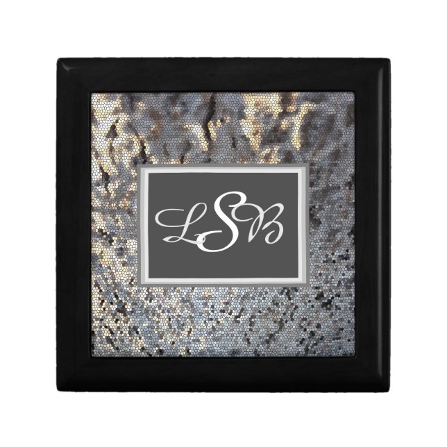 Mosaic Gray Black Tile Pattern Monogram Gift Box (Front)