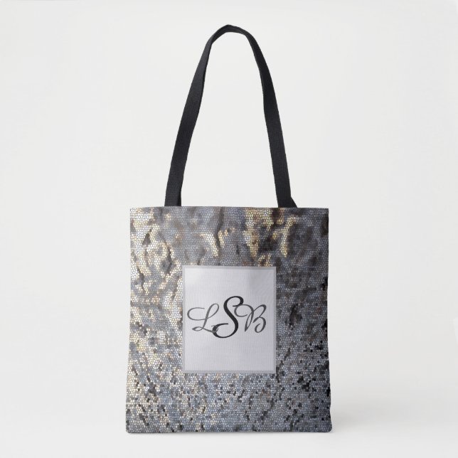 Mosaic Gray Black Tiles Abstract Add Your Monogram Tote Bag (Front)