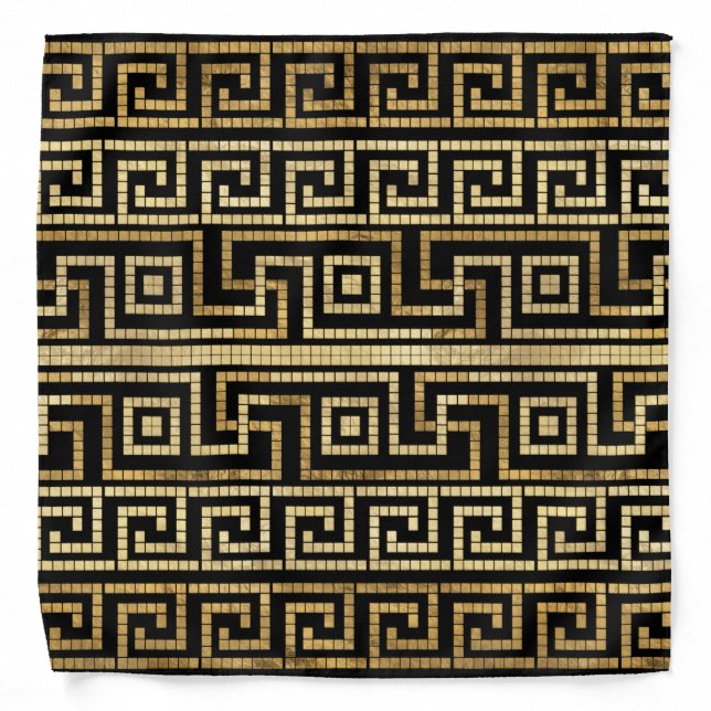 Mosaic Greek Meander Greek Key Black and Gold Bandana (Front)