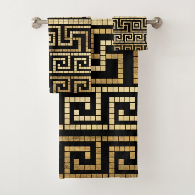Mosaic Greek Meander Greek Key Black and Gold Bath Towel Set (Insitu)